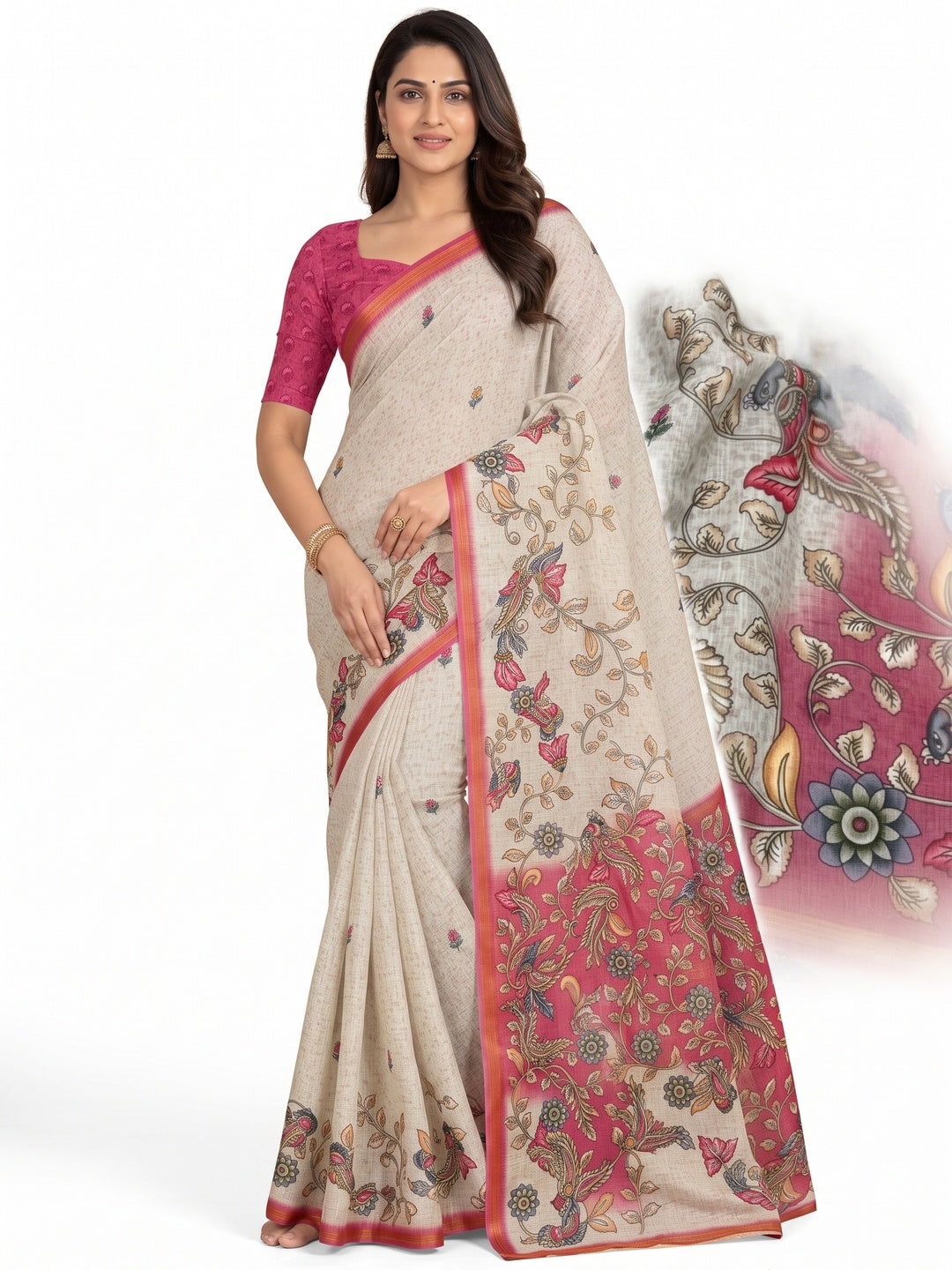 Peachmode Pink Linen Cotton Digital Printed Saree - Image 4