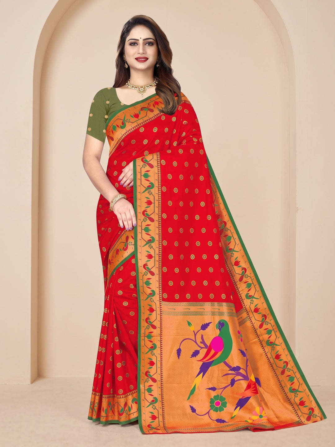 Peachmode Red Pure Silk Paithani Parrot Woven Saree - Image 1