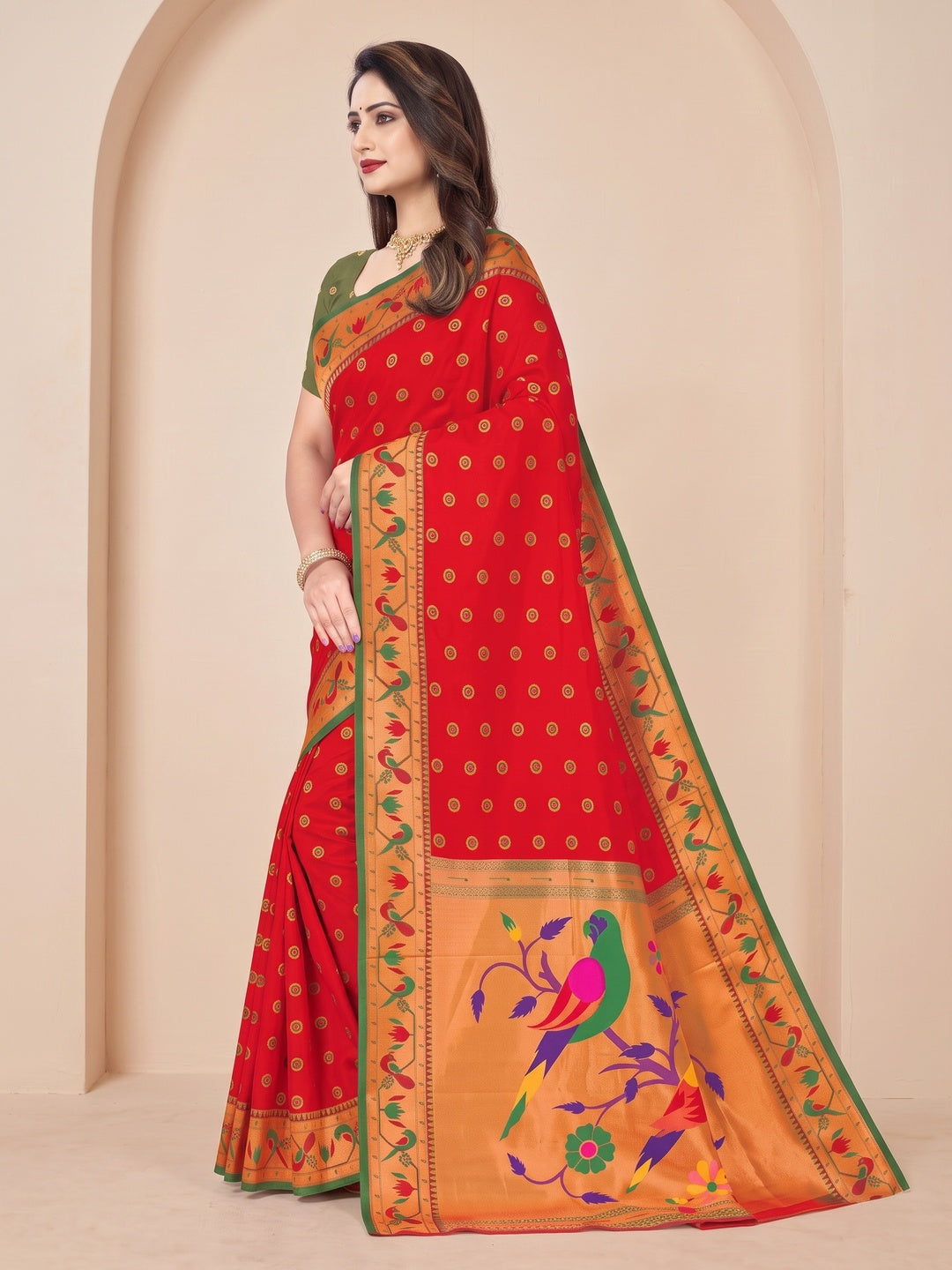 Peachmode Red Pure Silk Paithani Parrot Woven Saree - Image 3