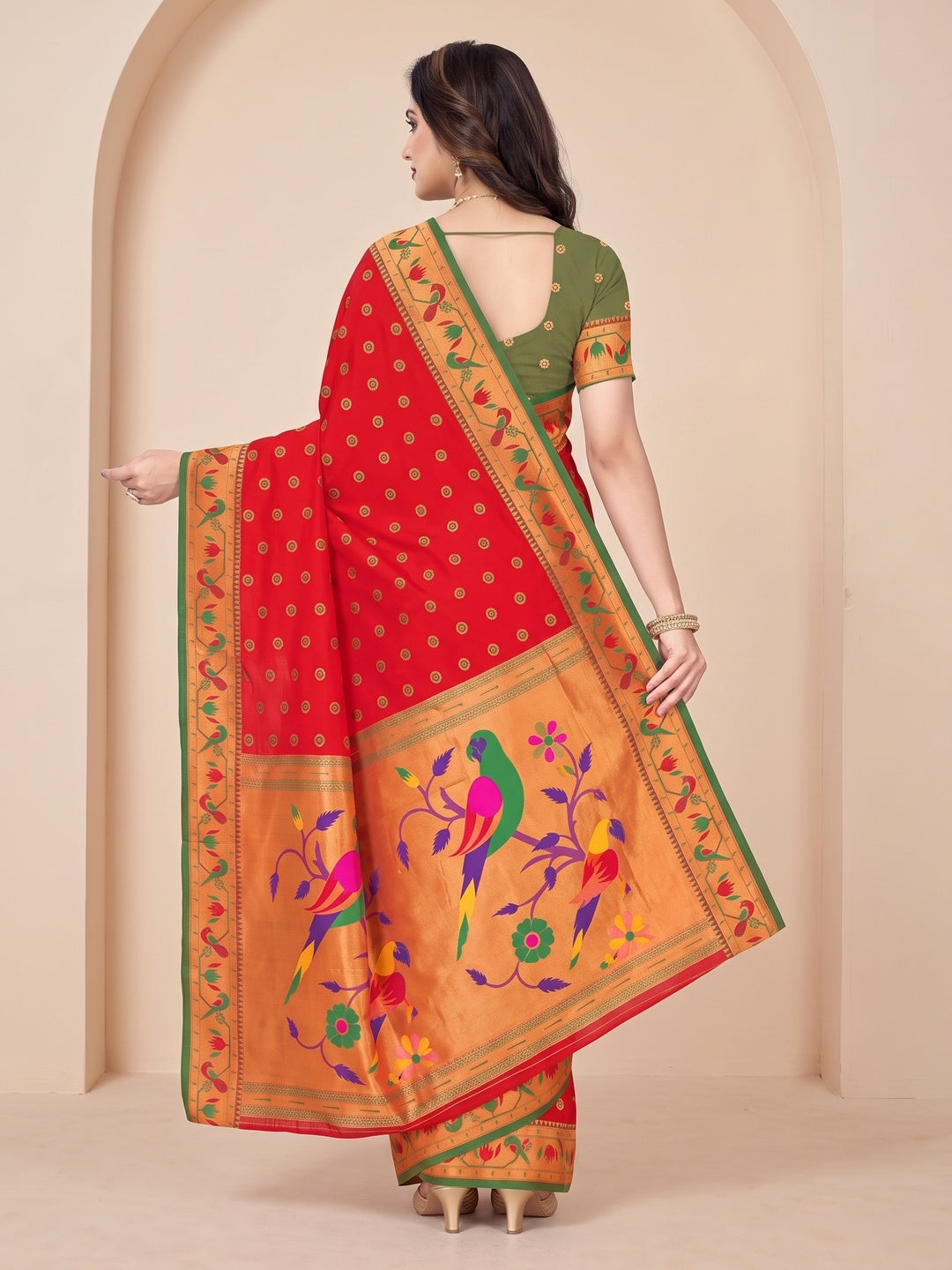 Peachmode Red Pure Silk Paithani Parrot Woven Saree - Image 5