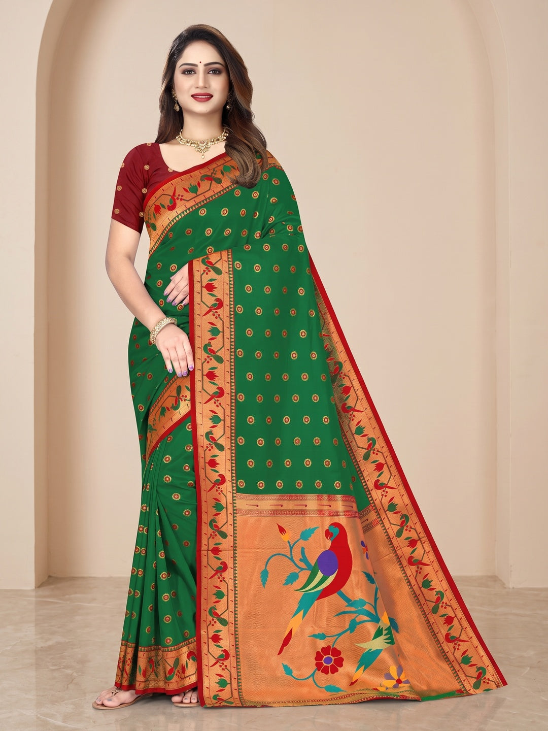 Peachmode Green Pure Silk Paithani Parrot Woven Saree - Image 1