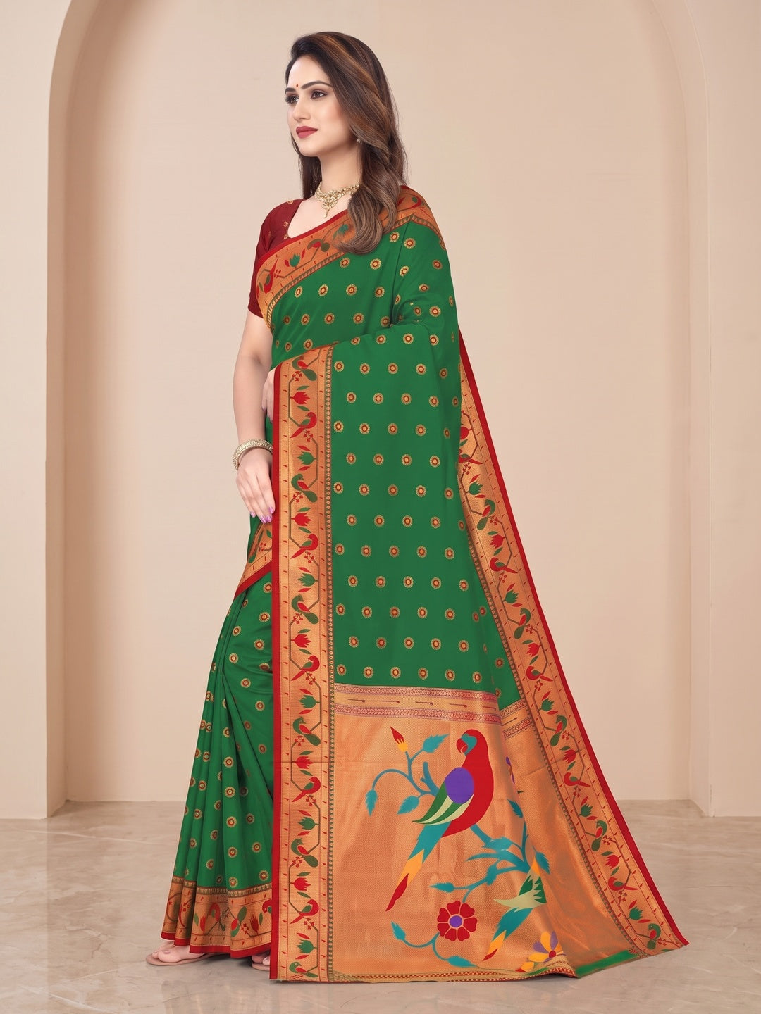 Peachmode Green Pure Silk Paithani Parrot Woven Saree - Image 3
