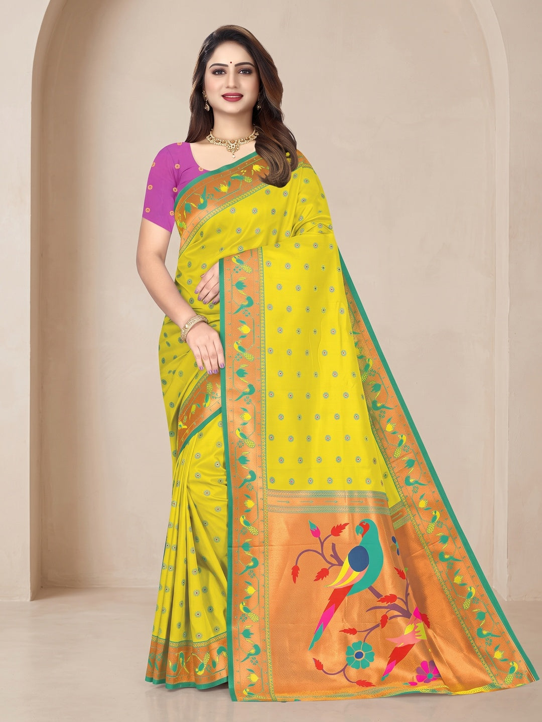 Peachmode Lime Yellow Pure Silk Paithani Parrot Woven Saree - Image 1