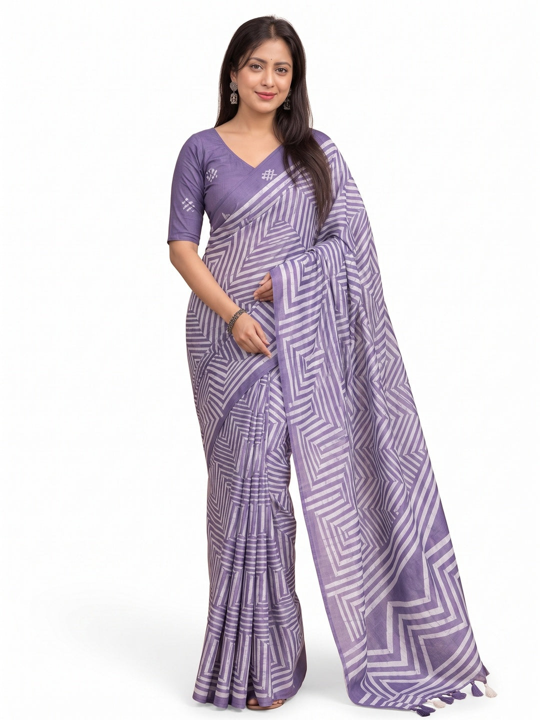 Peachmode Lavender Linen Cotton Floral Printed Saree - Image 3