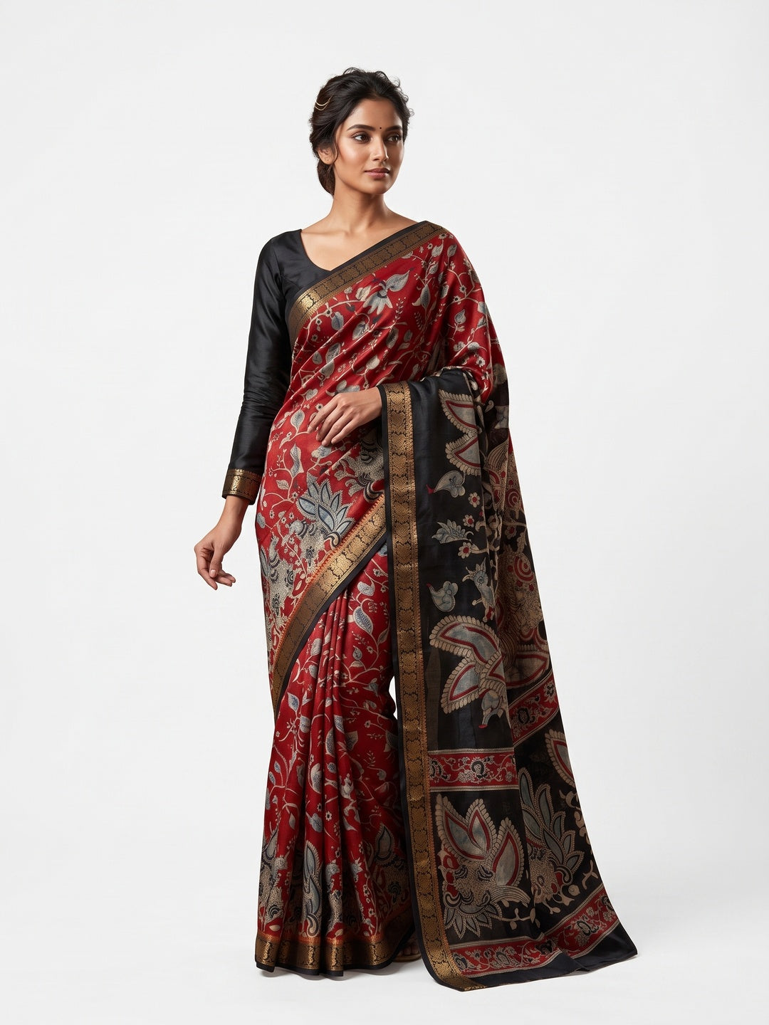 Peachmode Red Dola Silk Kalamkari Printed Saree - Image 4