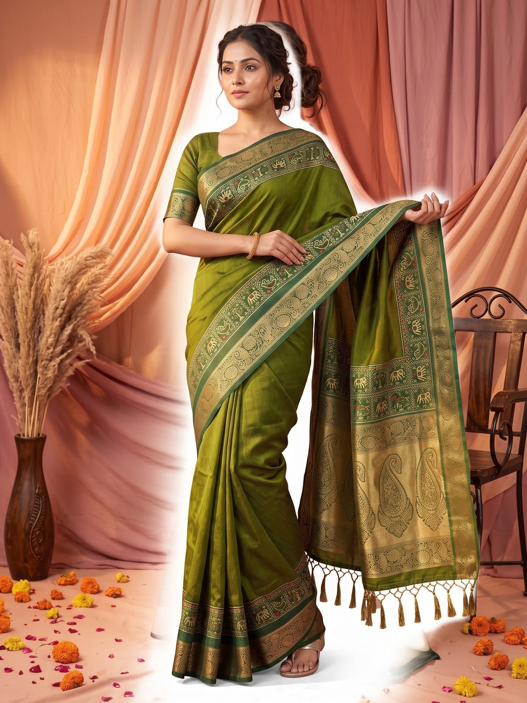 Peachmode Olive Green Patola Border Art Silk Saree - Image 4