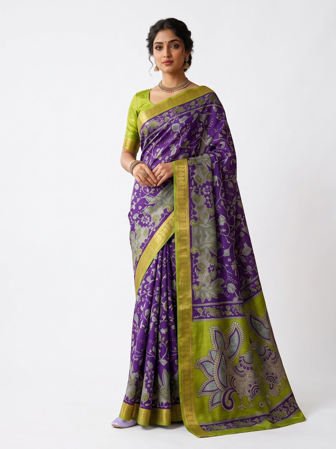 Peachmode Purple Dola Silk Kalamkari Printed Saree - Image 4