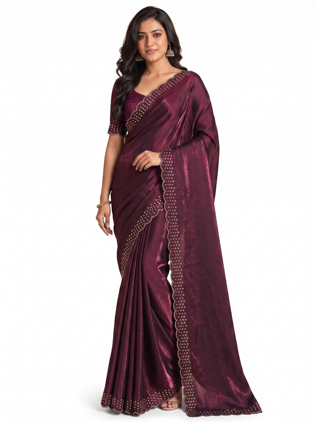 Peachmode Wine Fandy Satin Saree with Scalloped Cutwork Border - Image 4