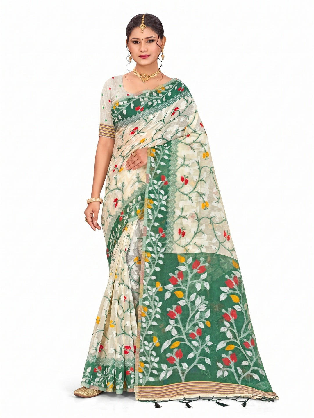 Peachmode Green Cotton Blend Kashish Saree - Image 4