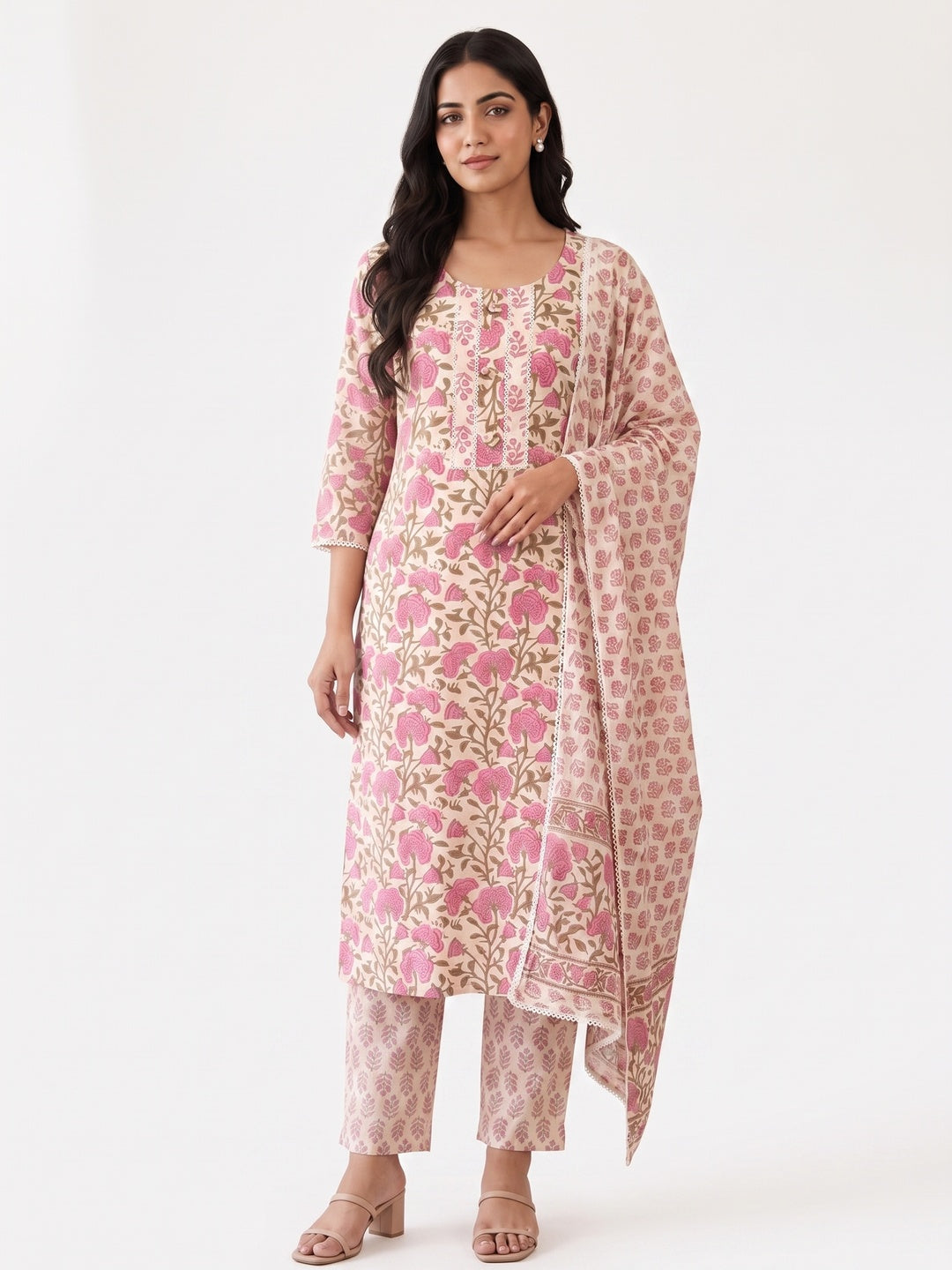 Cream Pure Cotton Floral Printed Salwar Suit Set - Image 4