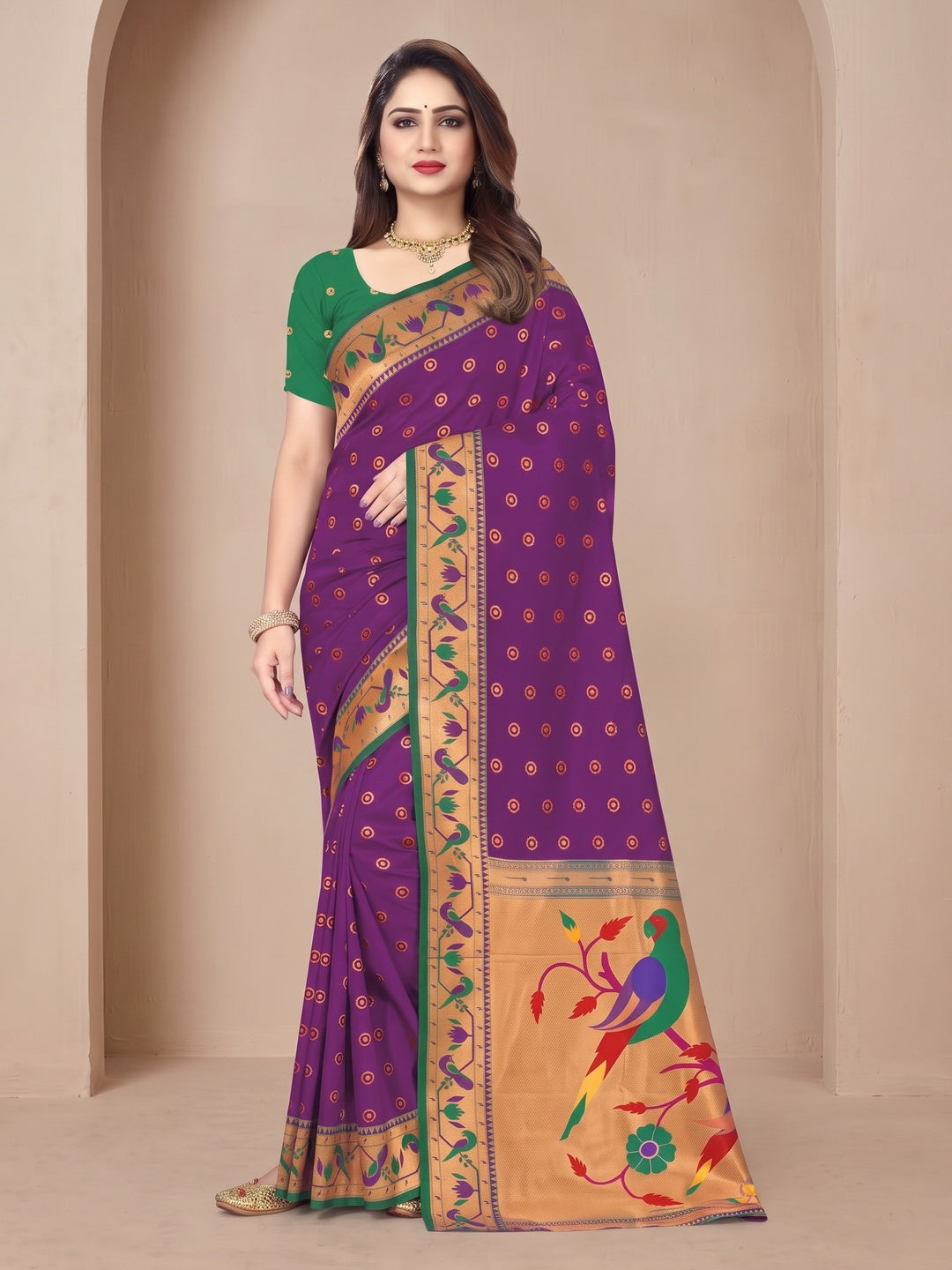 Peachmode Purple Pure Silk Paithani Parrot Woven Saree - Image 2