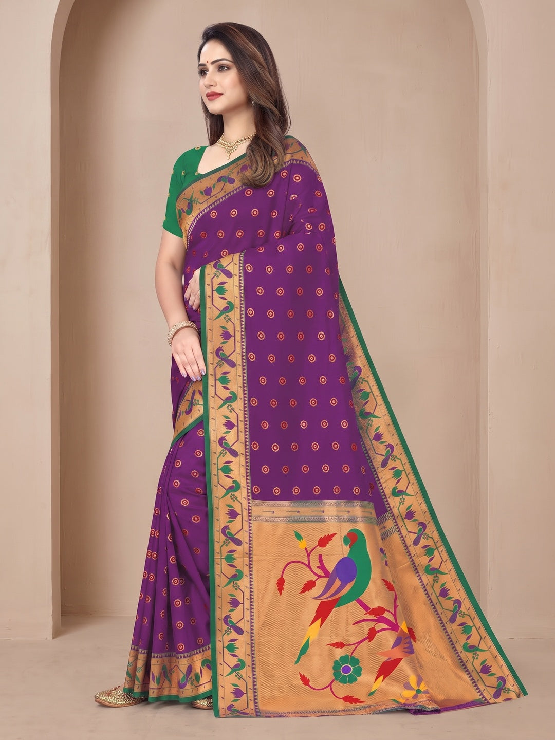 Peachmode Purple Pure Silk Paithani Parrot Woven Saree - Image 4