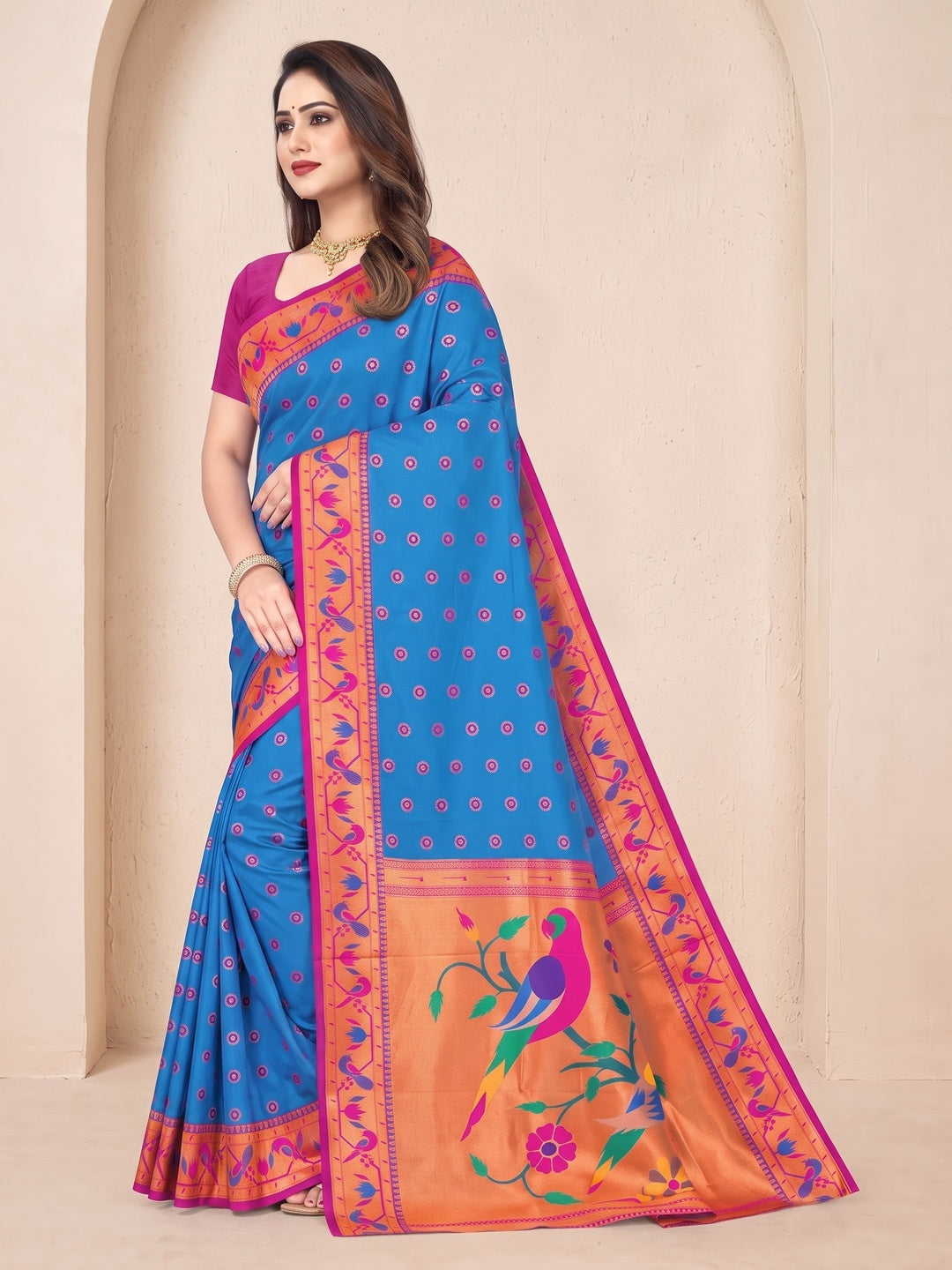 Peachmode Blue Pure Silk Paithani Parrot Woven Saree - Image 4