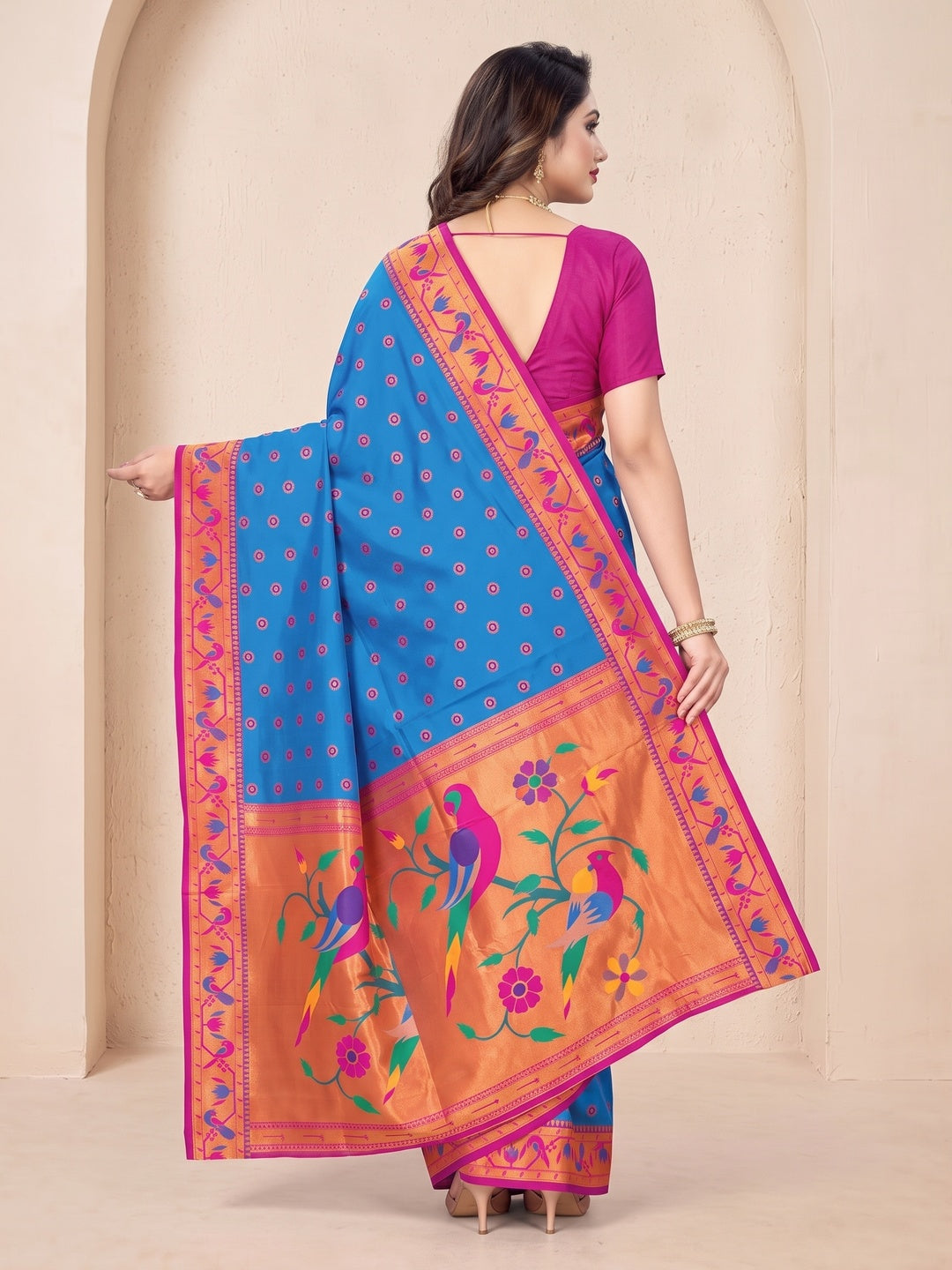 Peachmode Blue Pure Silk Paithani Parrot Woven Saree - Image 5