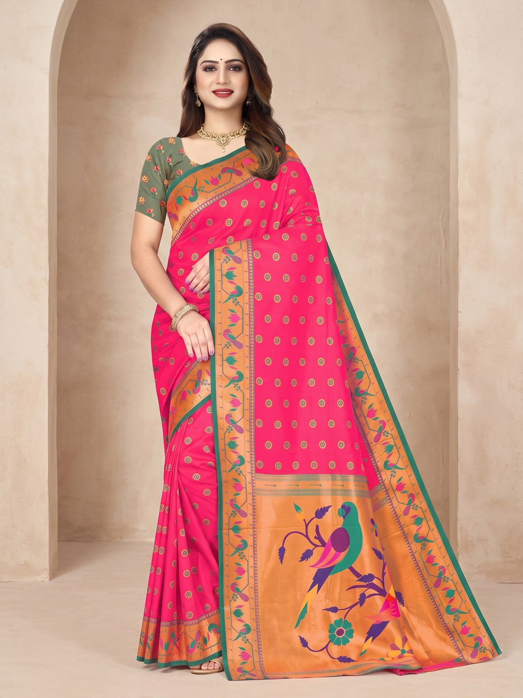 Peachmode Hot Pink Pure Silk Paithani Parrot Woven Saree - Image 1