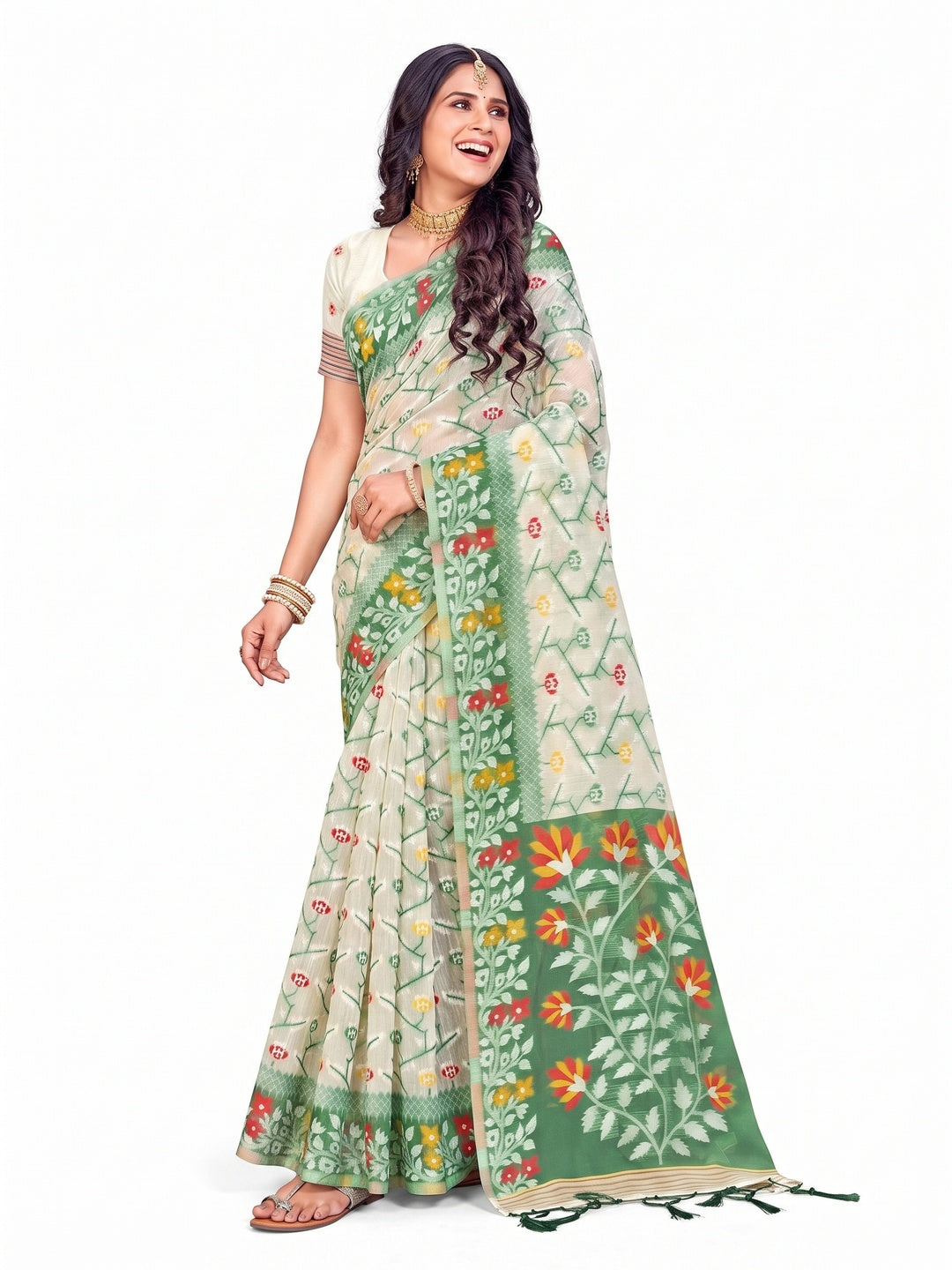 Peachmode Green Cotton Blend Saree - Image 7