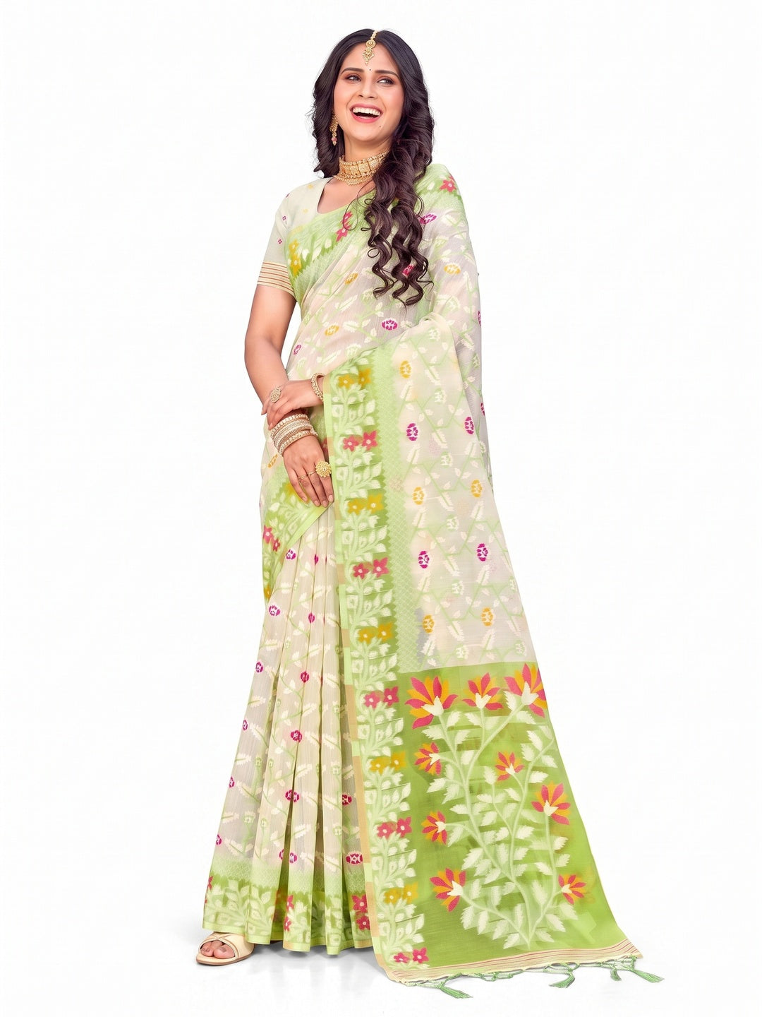 Peachmode Parrot Green Cotton Blend Saree - Image 7
