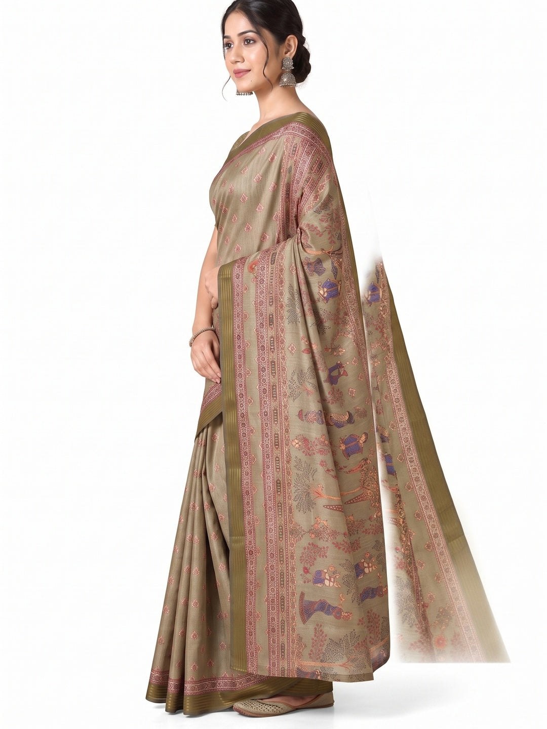 Peachmode Olive Cotton Silk Digital Printed Saree - Image 6