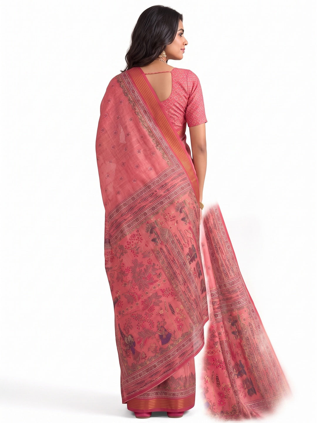 Peachmode Pink Cotton Silk Digital Printed Saree - Image 5