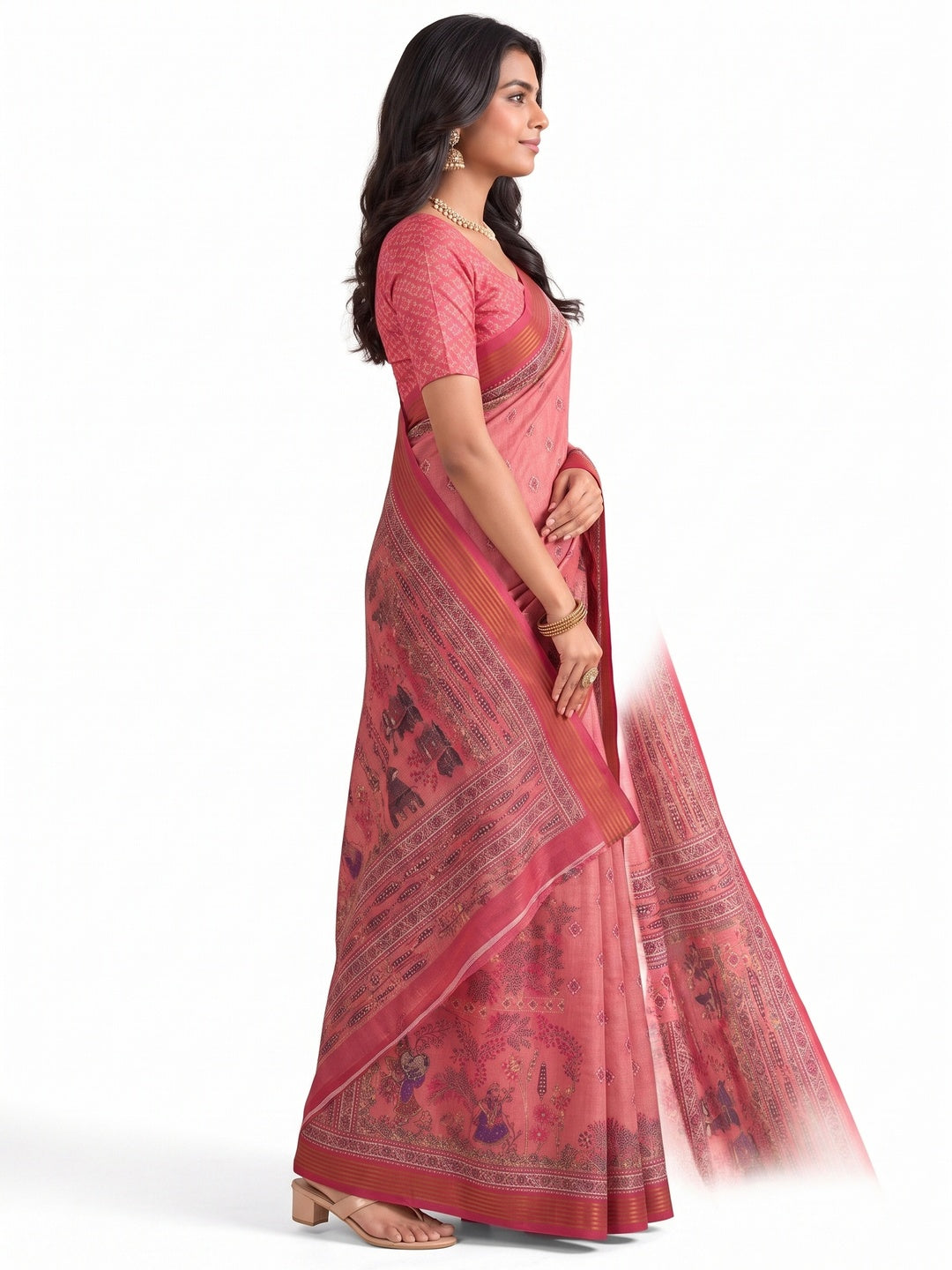Peachmode Pink Cotton Silk Digital Printed Saree - Image 6
