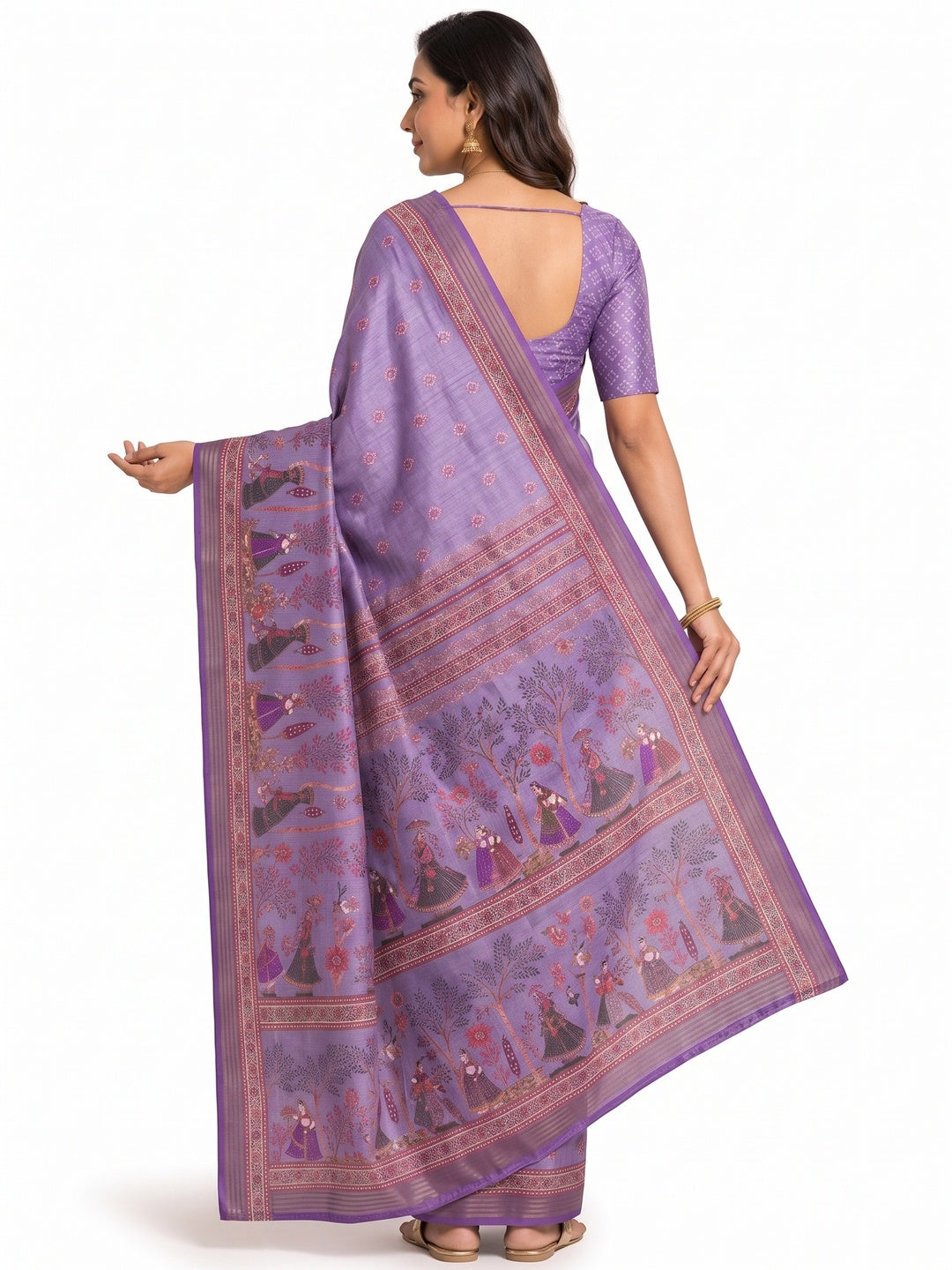 Peachmode Lavender Cotton Silk Digital Printed Saree - Image 5
