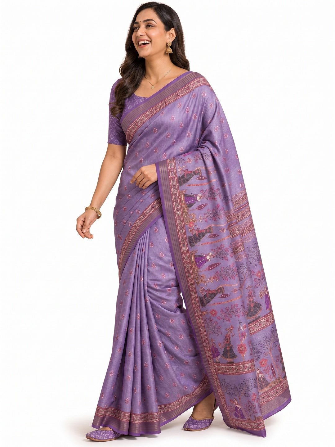 Peachmode Lavender Cotton Silk Digital Printed Saree - Image 7