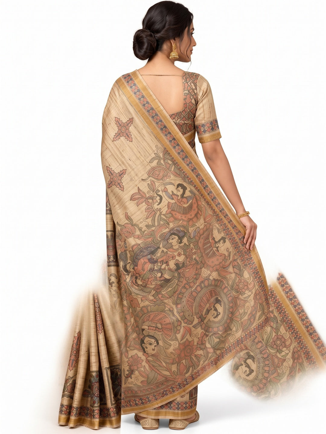 Peachmode Beige & Peach Art Silk Digital Printed Saree - Image 5