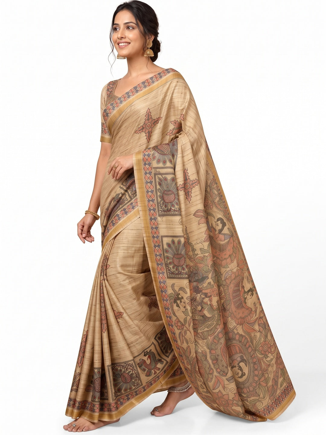 Peachmode Beige & Peach Art Silk Digital Printed Saree - Image 7