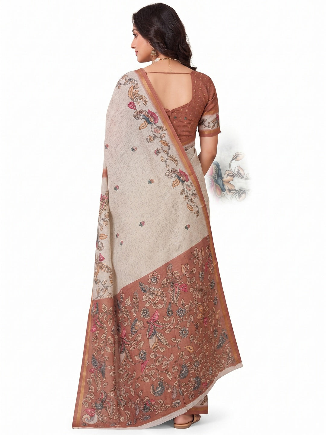 Peachmode Rust Linen Cotton Digital Printed Saree - Image 5