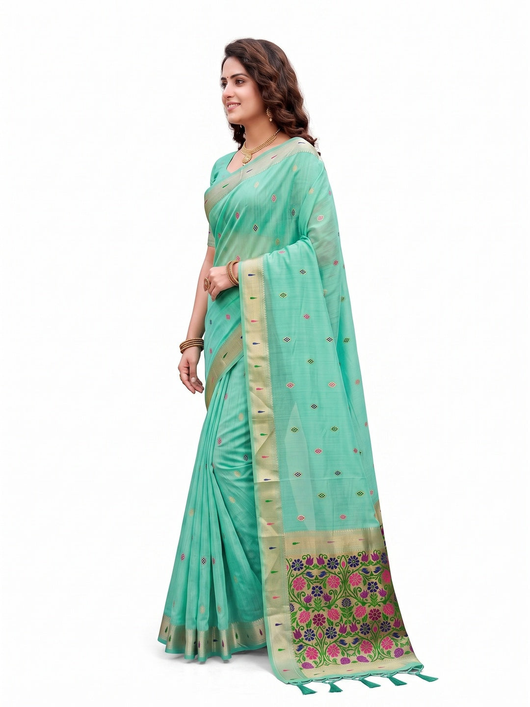 Peachmode Aqua Green Cotton Blend Rudrani Saree - Image 6