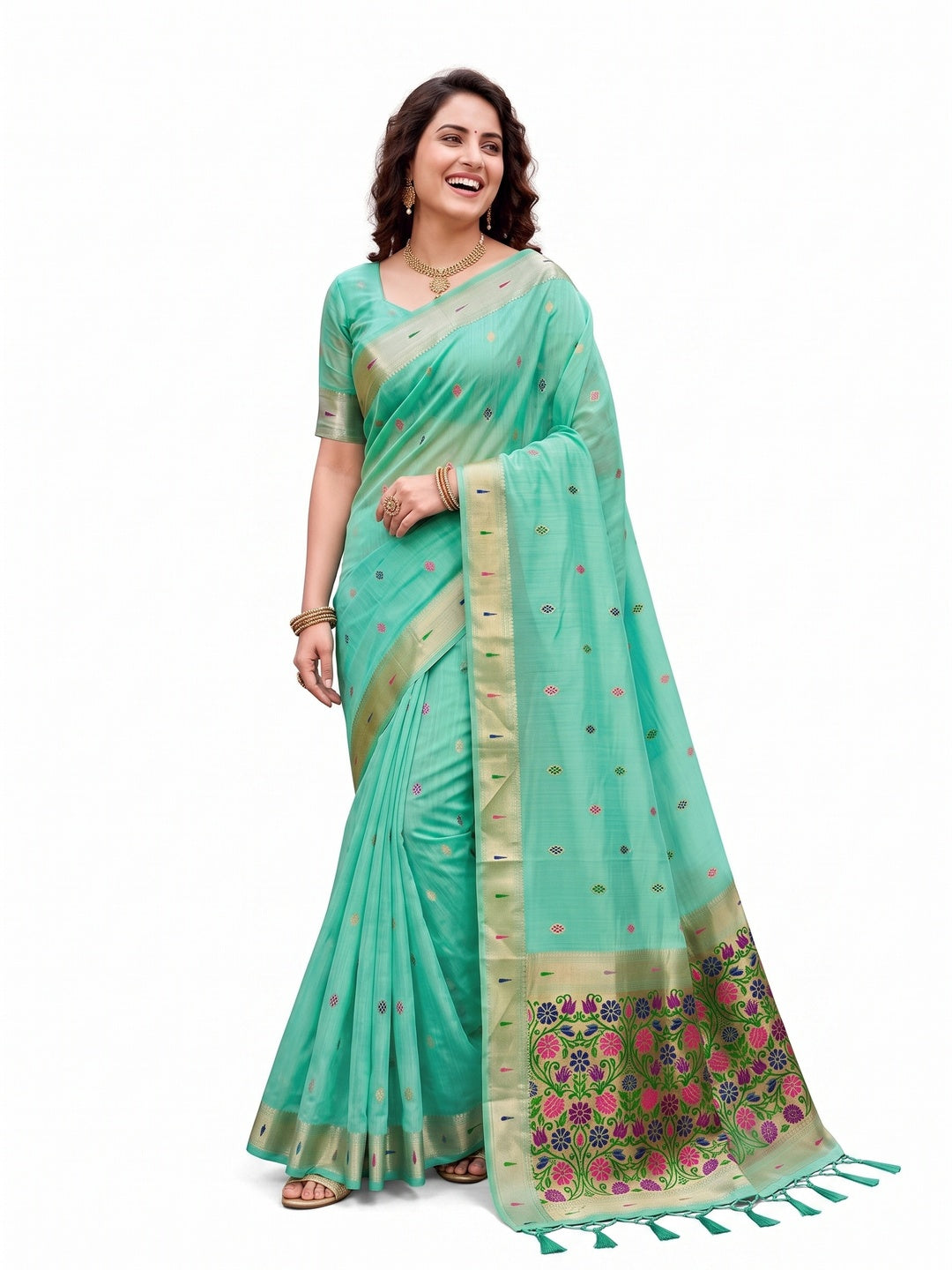 Peachmode Aqua Green Cotton Blend Rudrani Saree - Image 7