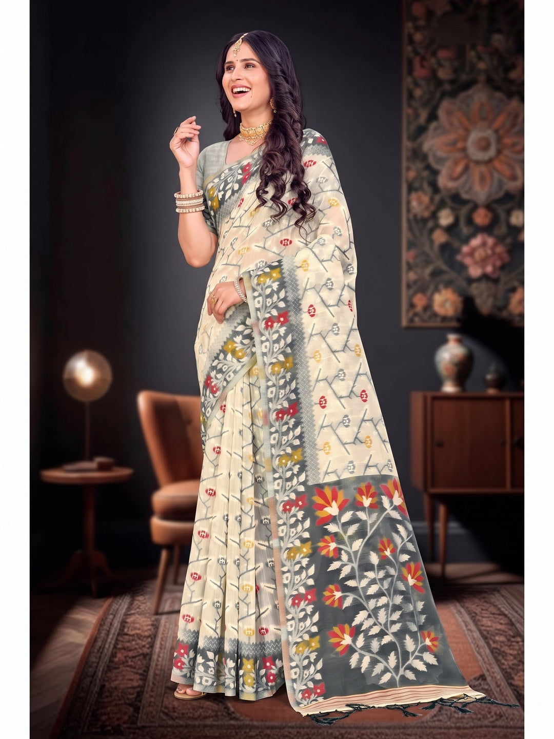 Peachmode Grey Cotton Blend Kashish-03 Saree - Image 7
