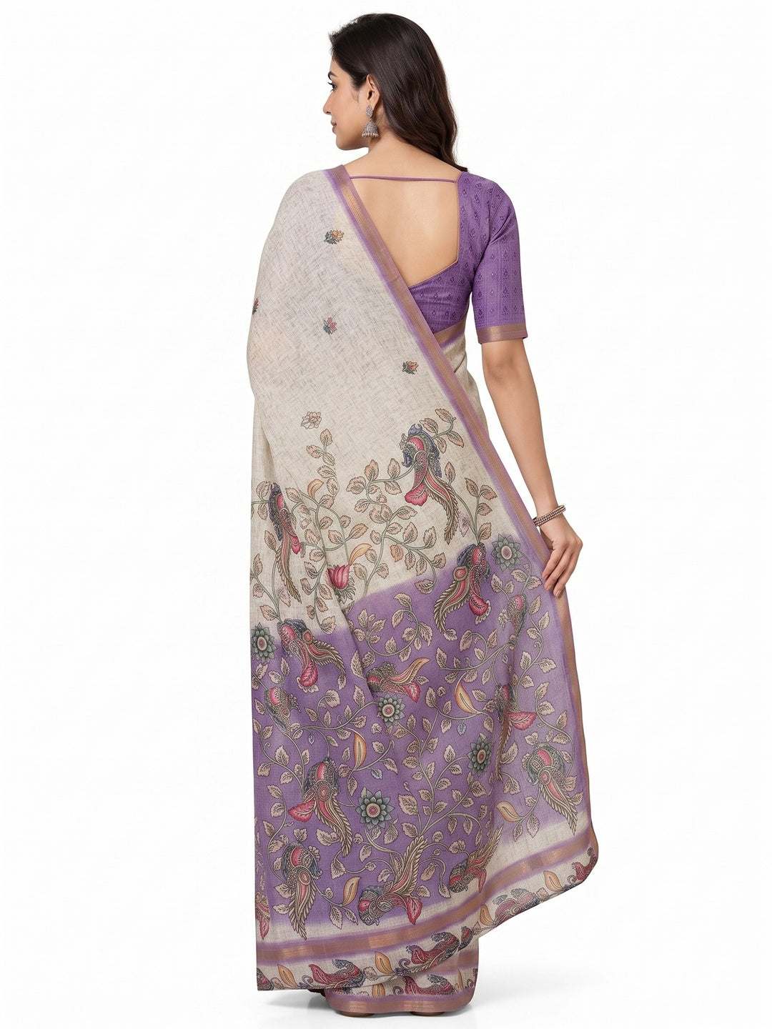 Peachmode Purple Linen Cotton Digital Printed Saree - Image 5