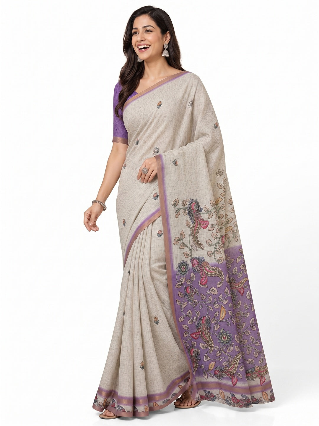 Peachmode Purple Linen Cotton Digital Printed Saree - Image 7