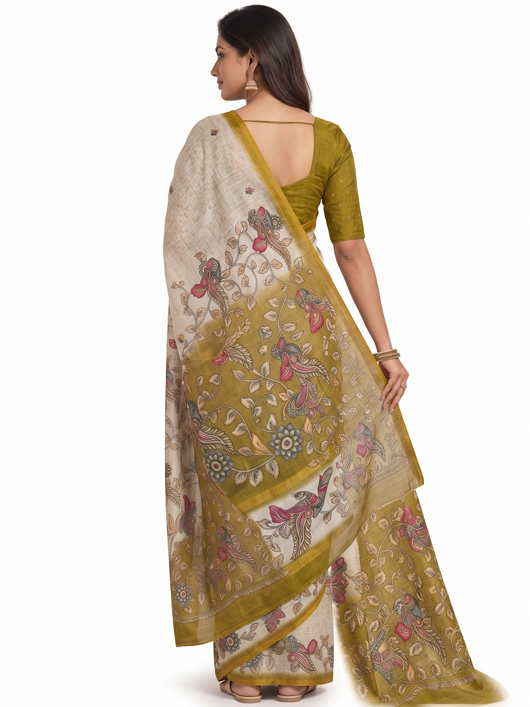 Peachmode Mustard Linen Cotton Digital Printed Saree - Image 5
