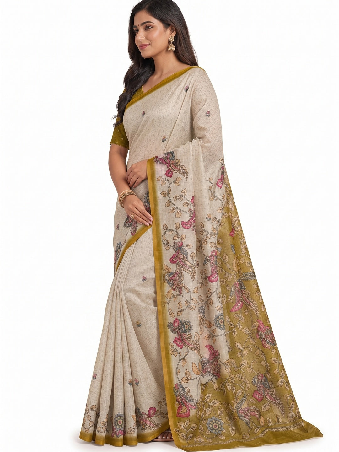 Peachmode Mustard Linen Cotton Digital Printed Saree - Image 6