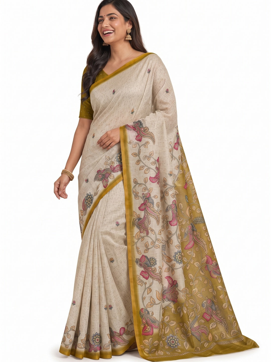 Peachmode Mustard Linen Cotton Digital Printed Saree - Image 7