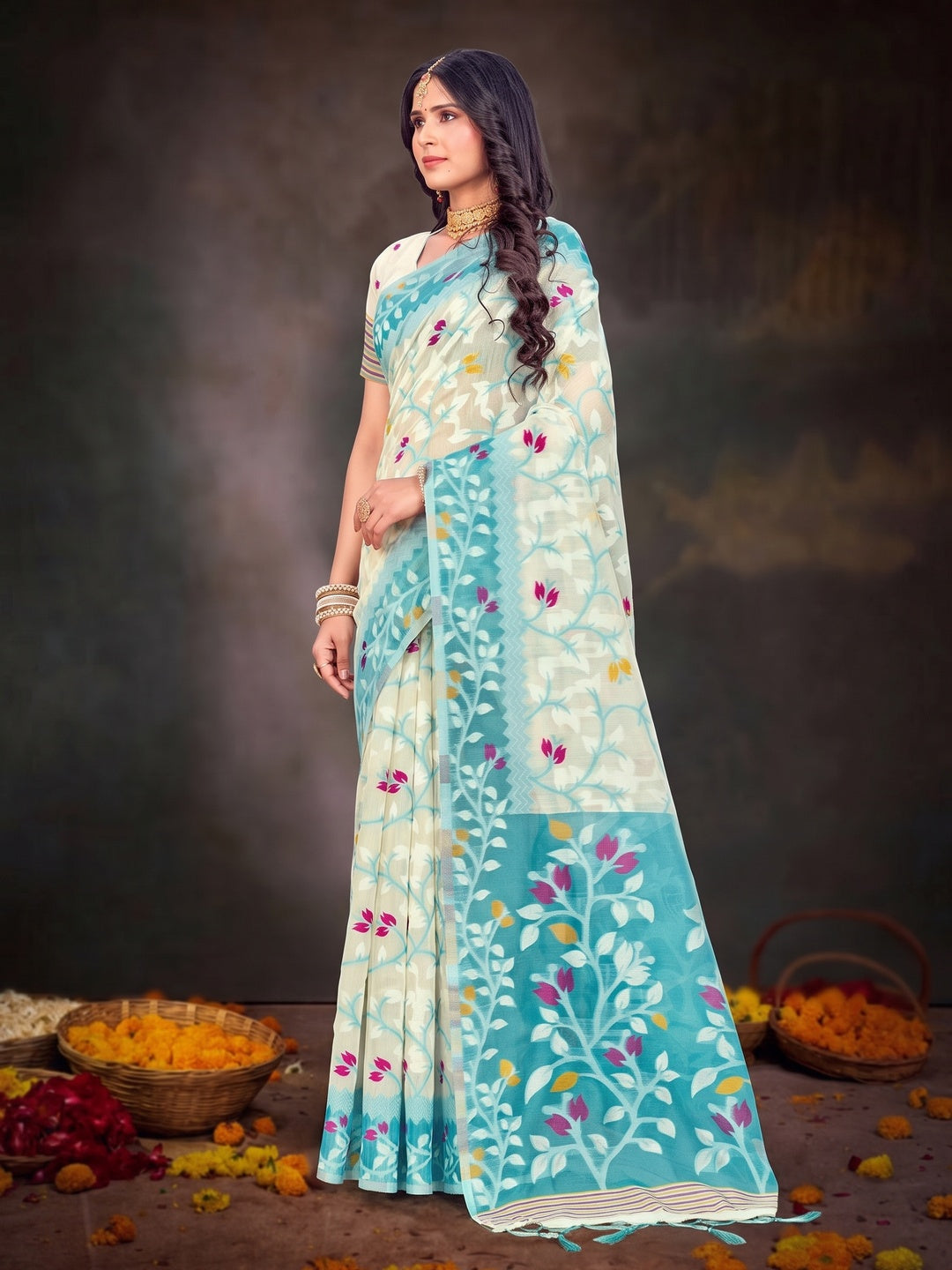 Peachmode Sea Green Cotton Blend Saree - Image 6