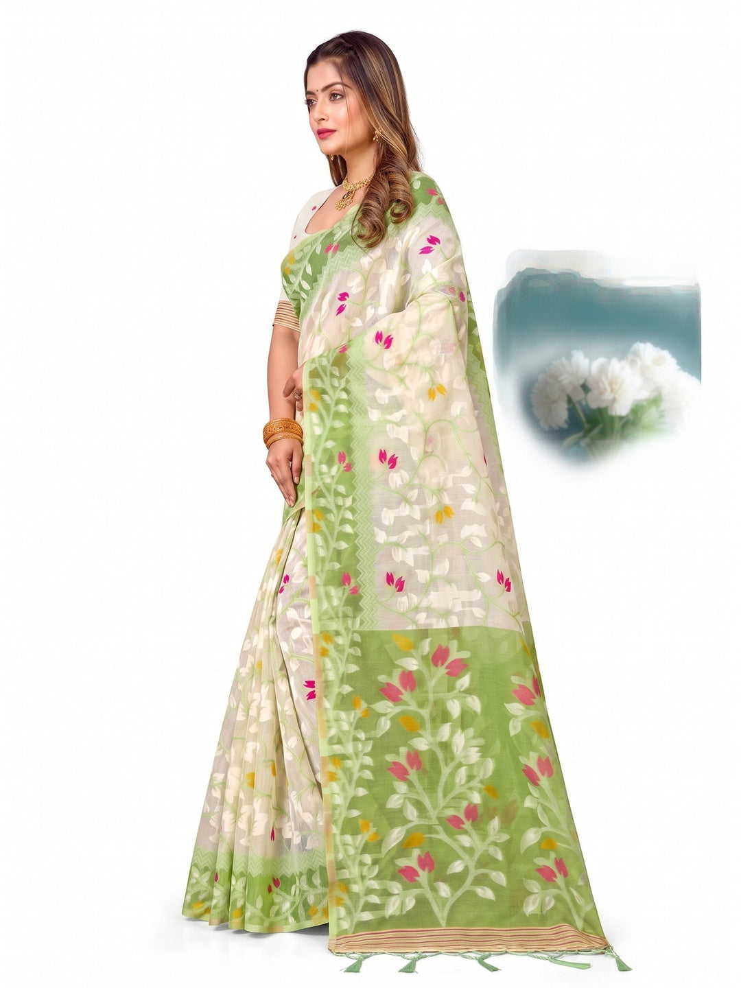 Peachmode Green Cotton Blend Kashish Saree - Image 6