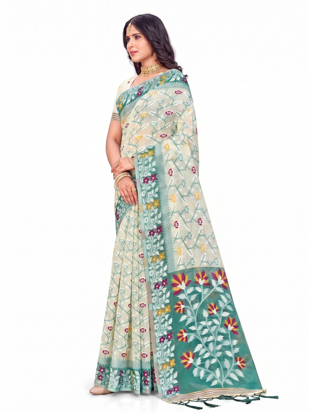 Peachmode Mint Green Cotton Blend Saree - Image 6