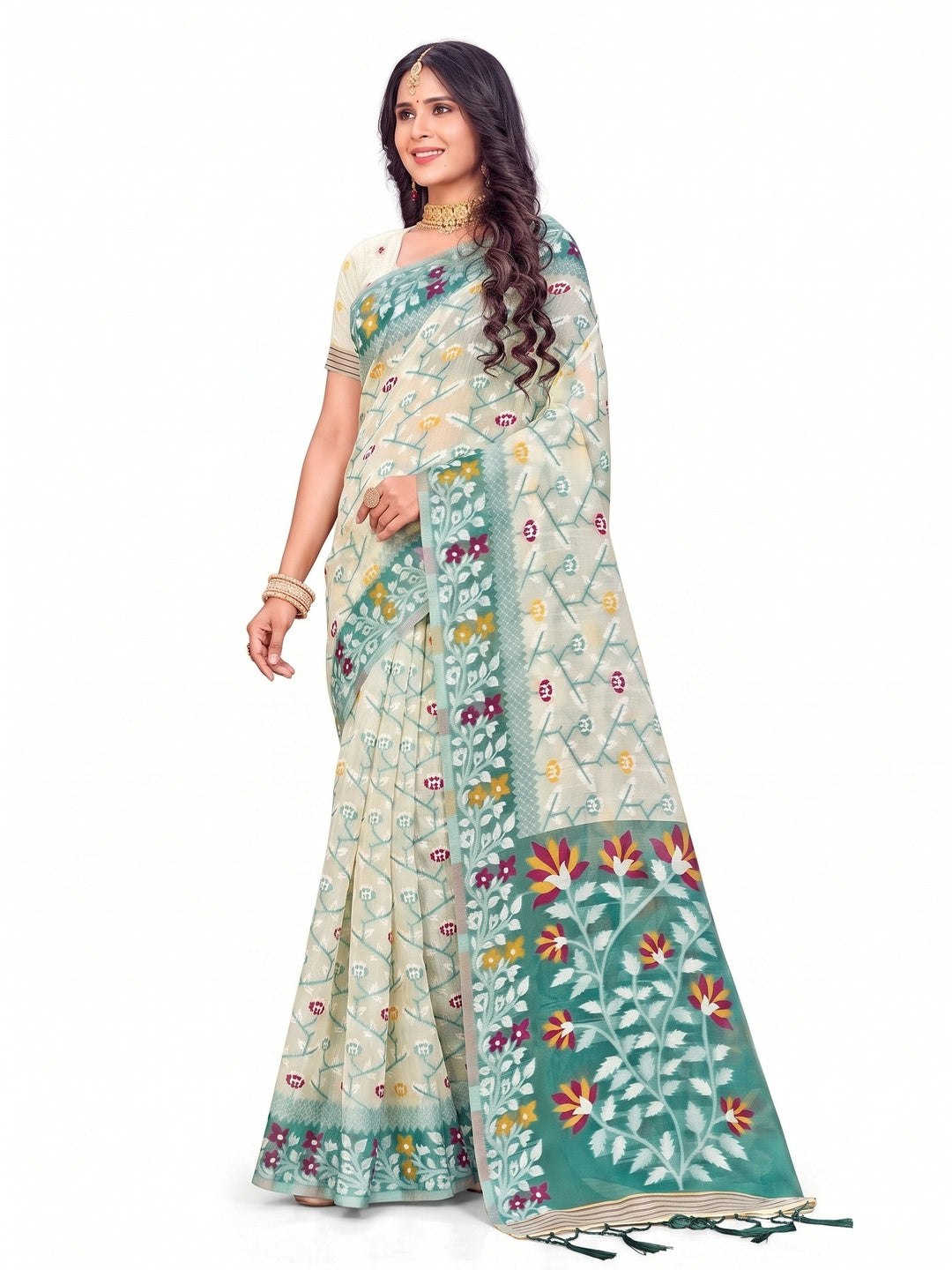 Peachmode Mint Green Cotton Blend Saree - Image 7