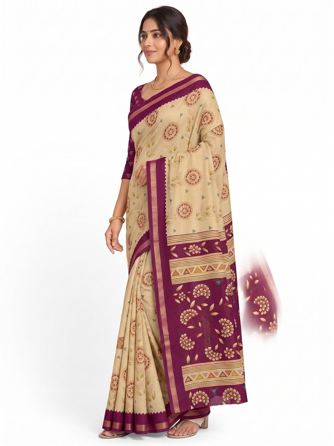 Peachmode Magenta Cotton Blend Floral Printed Saree - Image 6