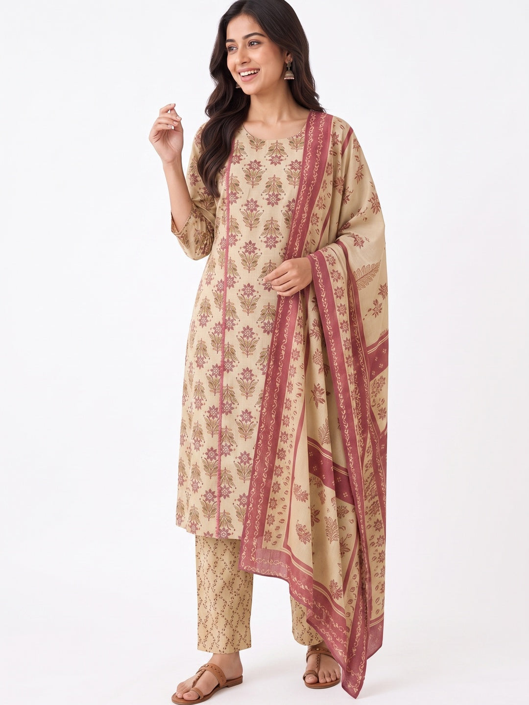 Cream Pure Cotton Printed Salwar Suit Set - Image 7