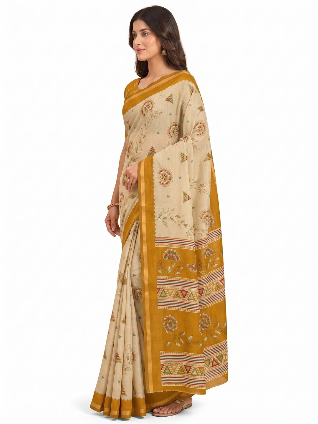 Peachmode Mustard Cotton Blend Floral Printed Saree - Image 6
