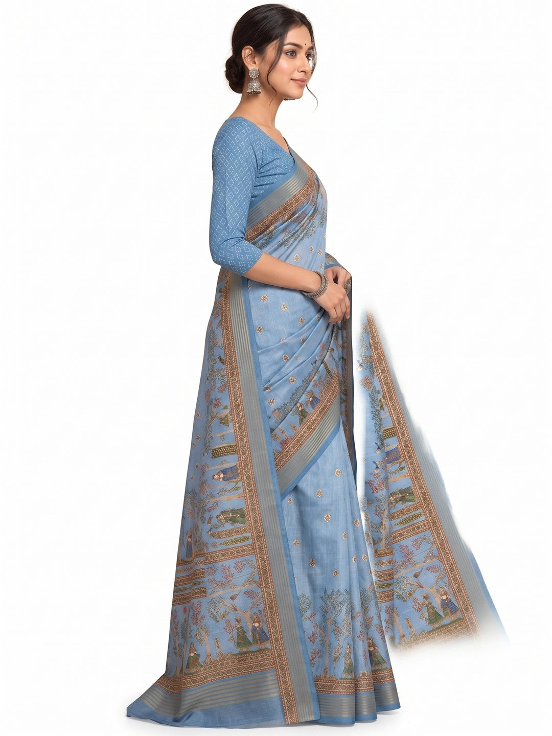 Peachmode Blue Cotton Silk Digital Printed Saree - Image 6