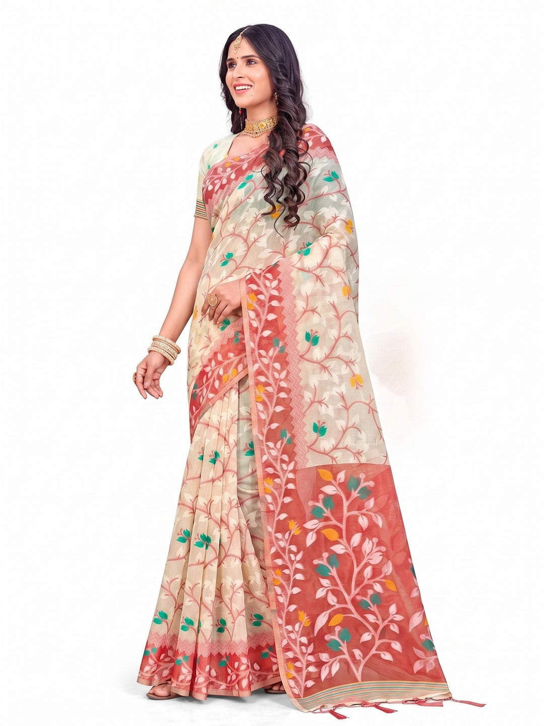 Peachmode Red Cotton Blend Saree - Image 7