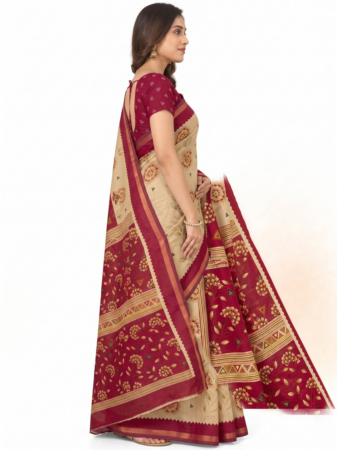 Peachmode Maroon Cotton Blend Floral Printed Saree - Image 6