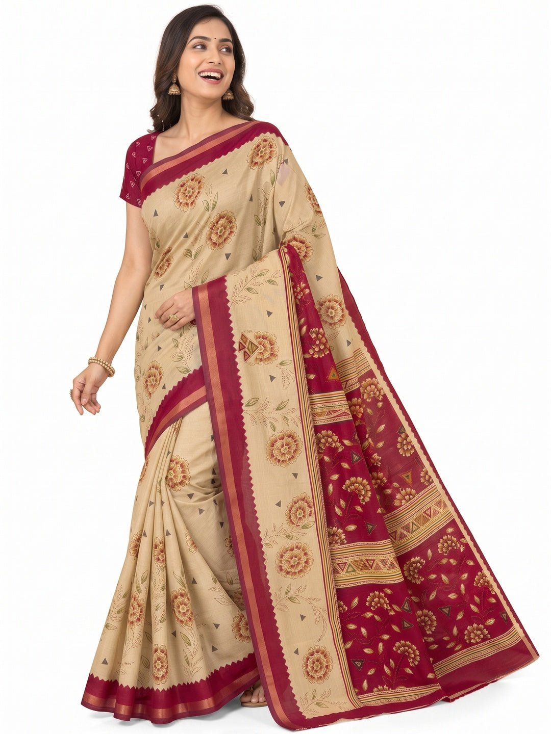 Peachmode Maroon Cotton Blend Floral Printed Saree - Image 7