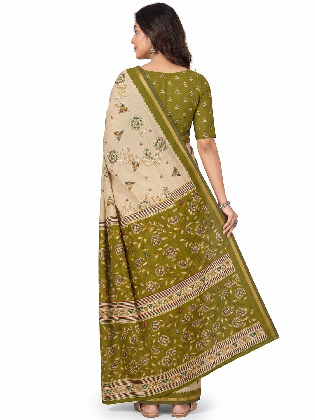 Peachmode Olive Cotton Blend Floral Printed Saree - Image 5