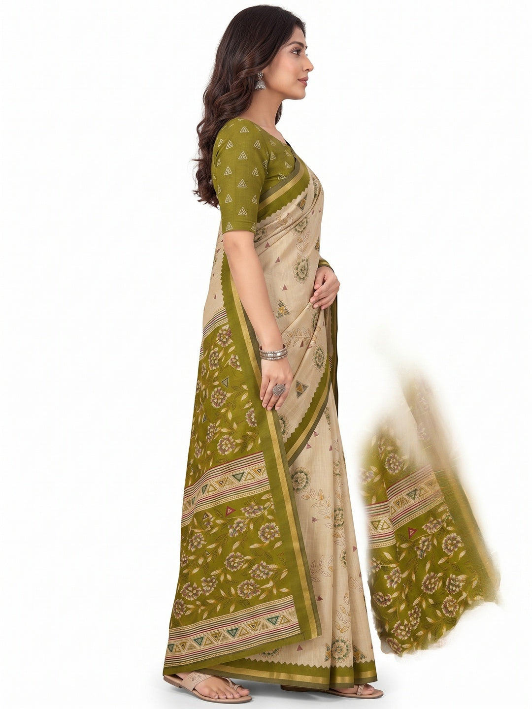 Peachmode Olive Cotton Blend Floral Printed Saree - Image 6